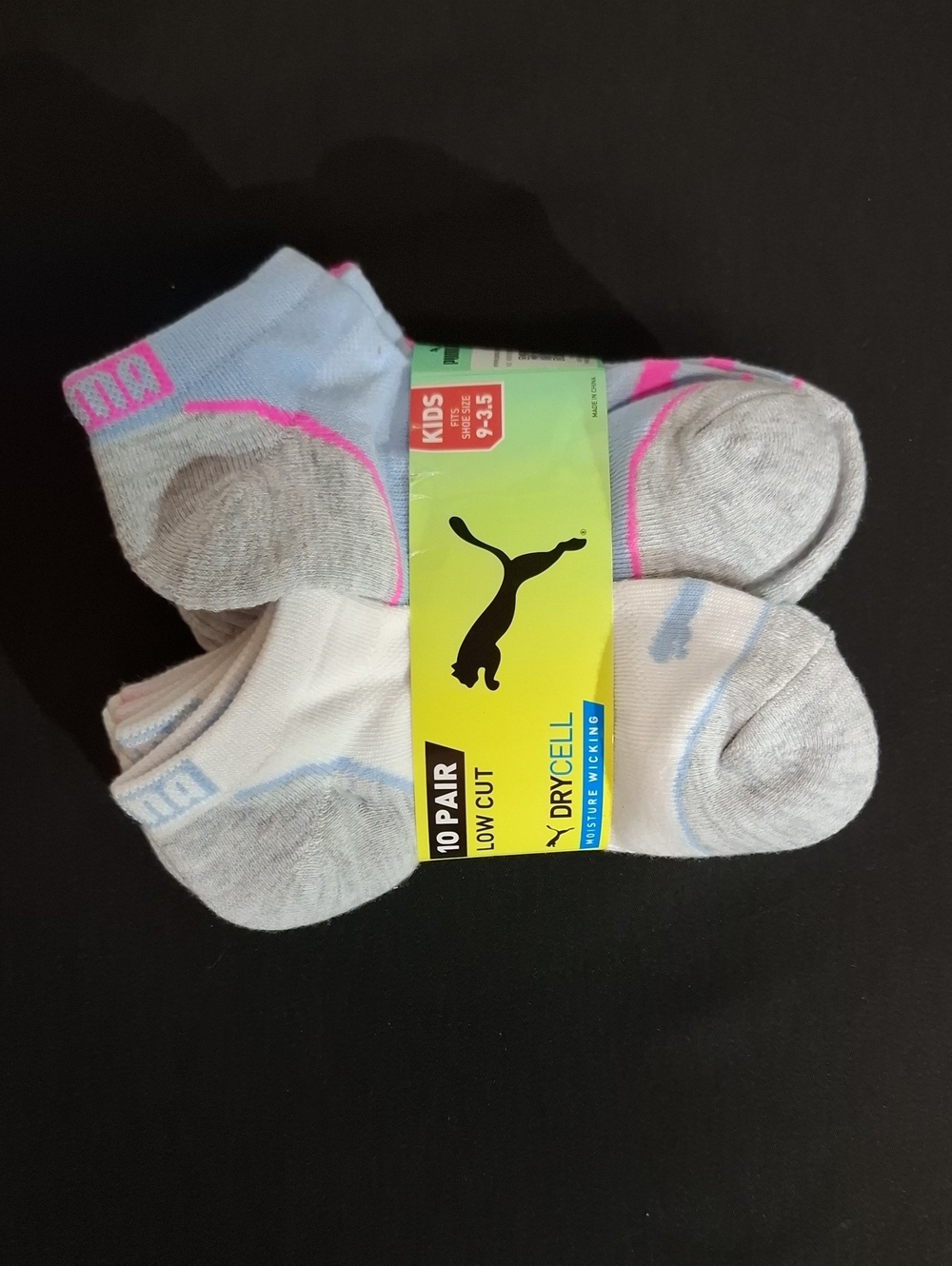 Puma Kids Low-Cut Ankle Socks - White, Light Blue & Pink Size 9-3.5 10 pair